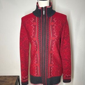 Eddie Bauer Sweater Womens Red Gray Merino Wool Cardigan Granny Cozy